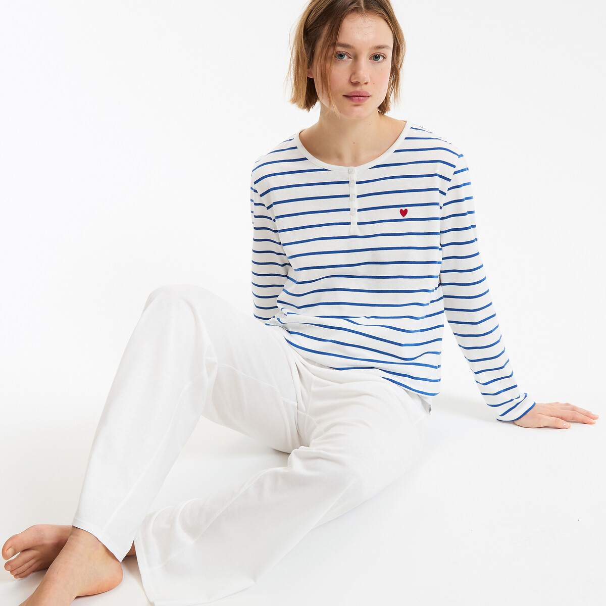 Pyjama en jersey de coton rayé bleu clair, ANNE WEYBURN