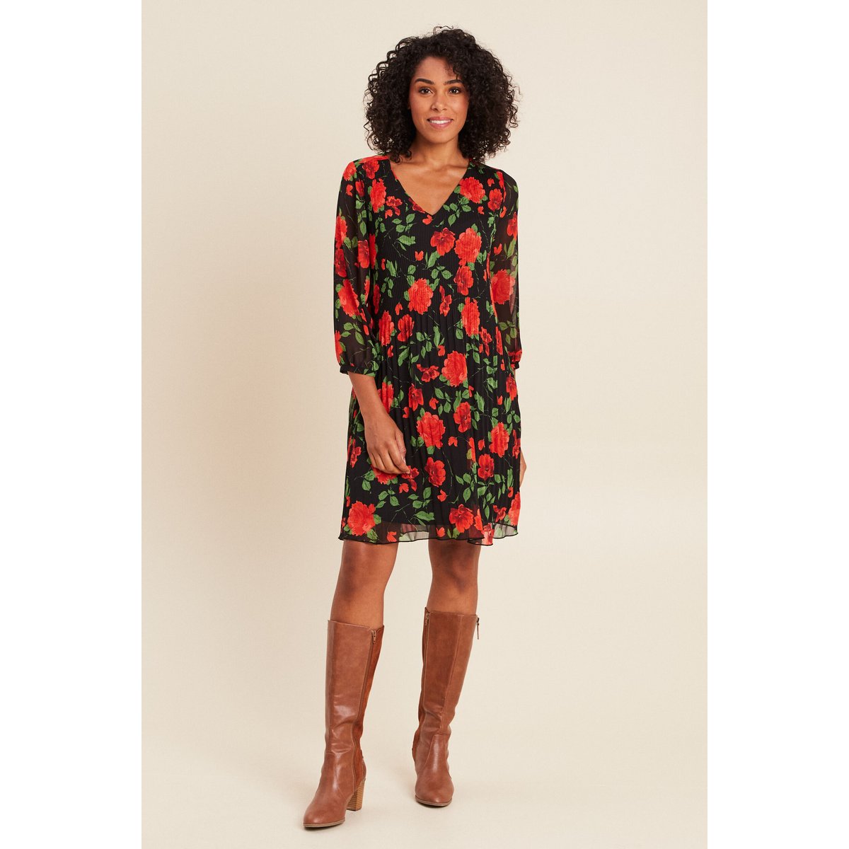 Robe courte évasée plissée manches 3/4 rouge, BREAL