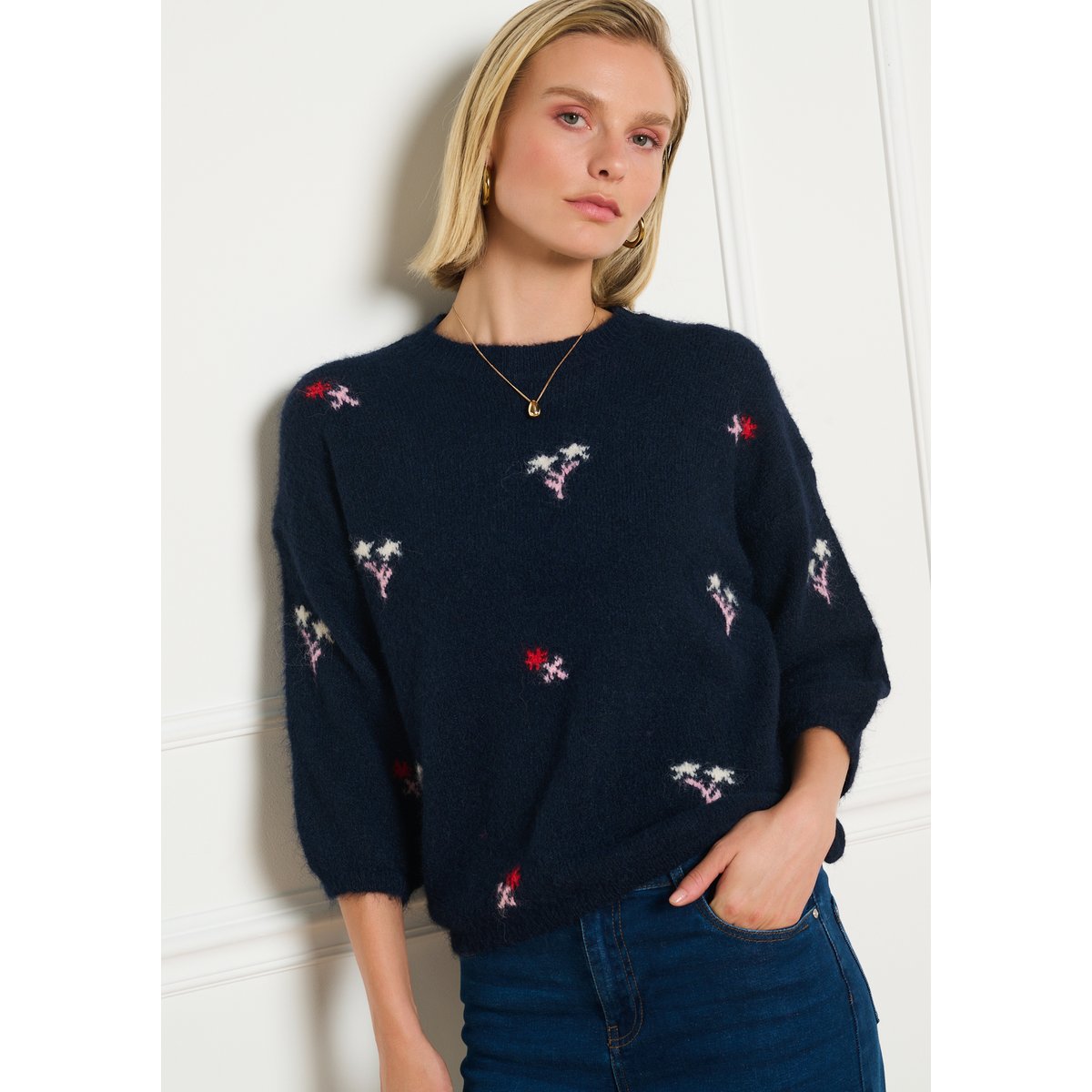 Pull jacquard fleuri bleu marine, LOLALIZA