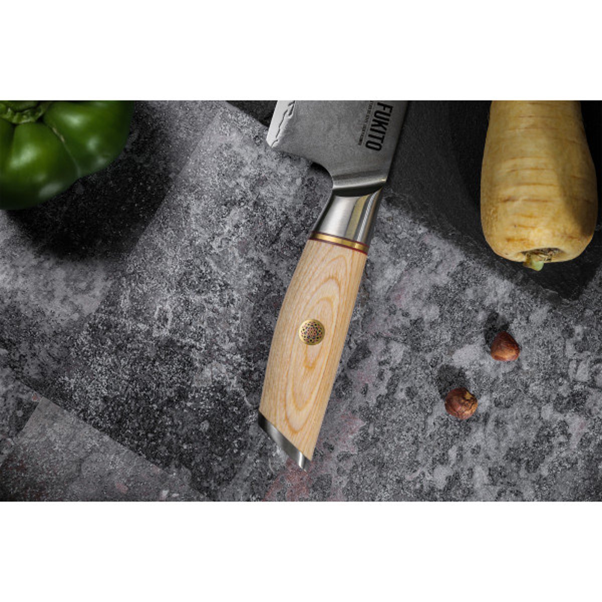 Couteau de cuisine Pakka San Mai modèle Chef 21cm bois clair, FUKITO
