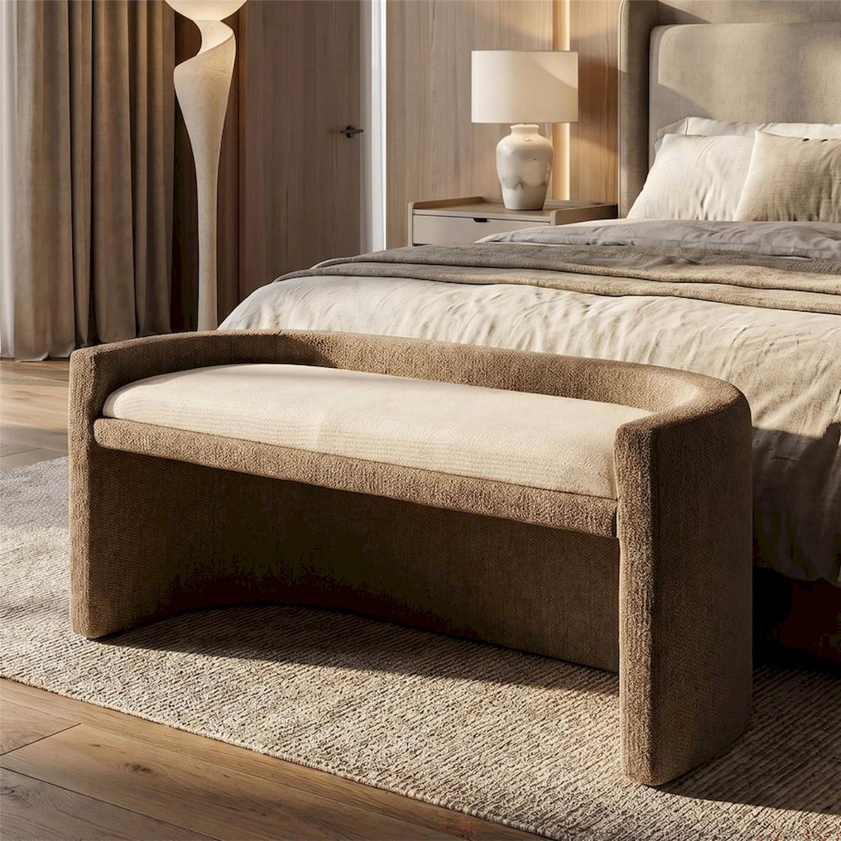 Banc dossier enveloppant en bouclette MODERN marron et beige, RECOLLECTION