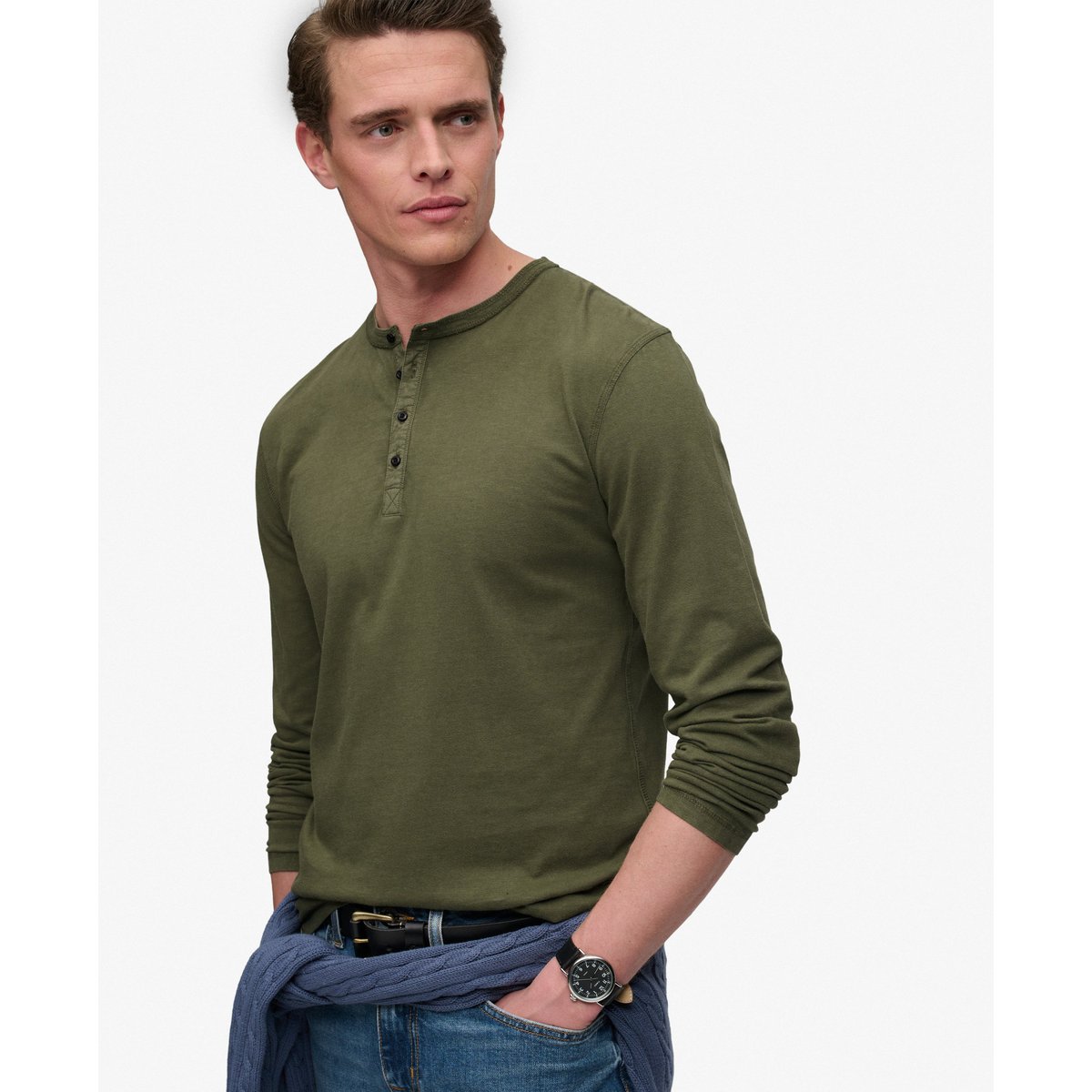 T-shirt Henley manches longues en jersey slub vert scarabée, SUPERDRY