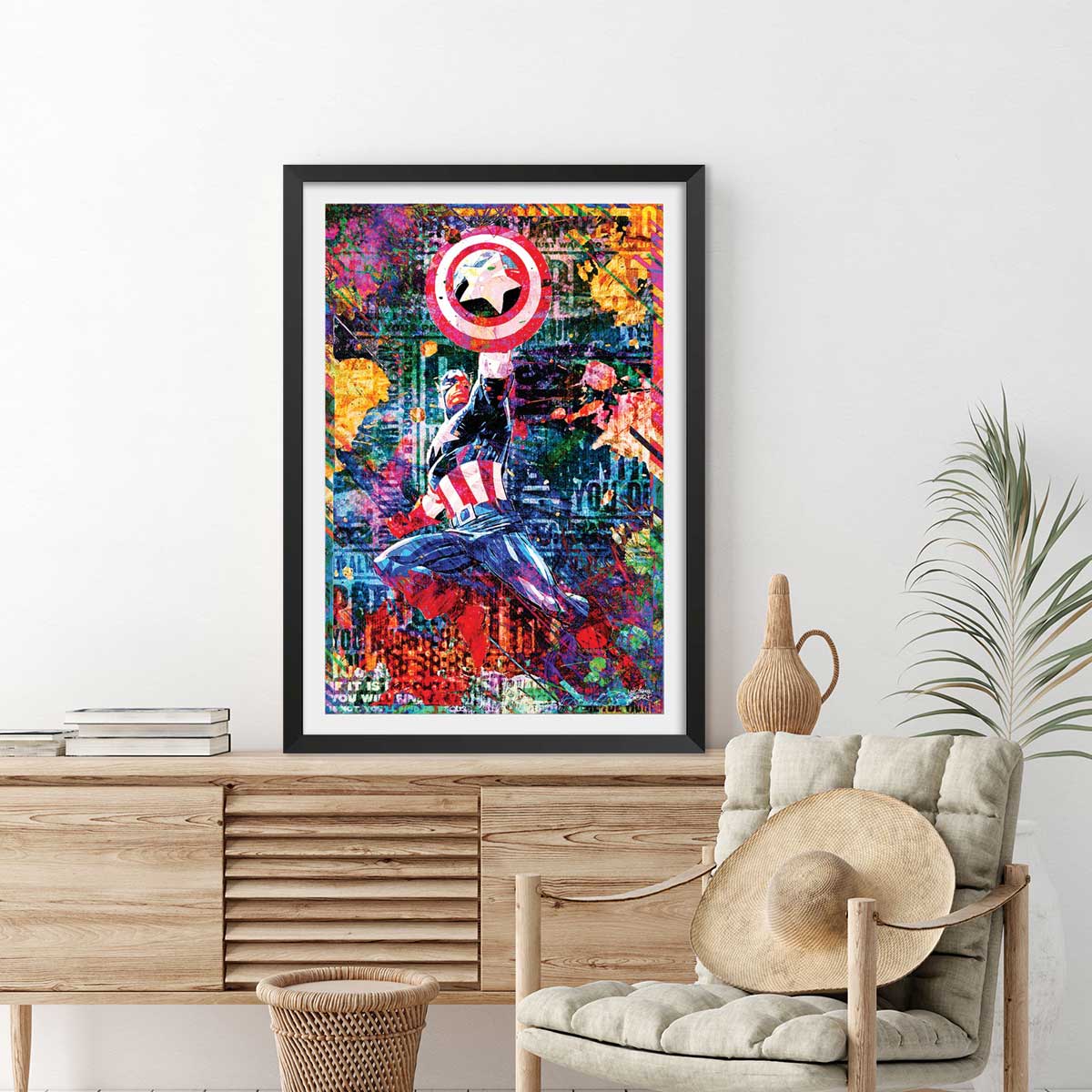 Affiche graffiti captain america affiche + cadre en bois - noir, HEXOA