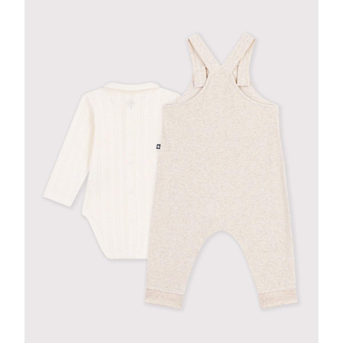 Ensemble 2 pièces, salopette à bretelles et body manches longues beige/écru, PETIT BATEAU
