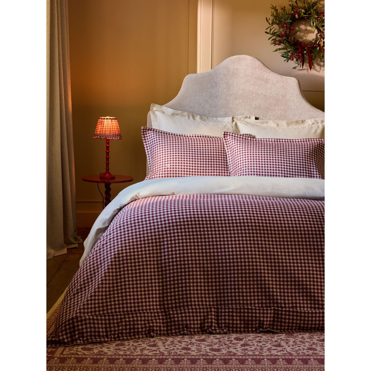 Parure de lit en tissu brossé vichy à nœuds rouge/naturel, NEXT
