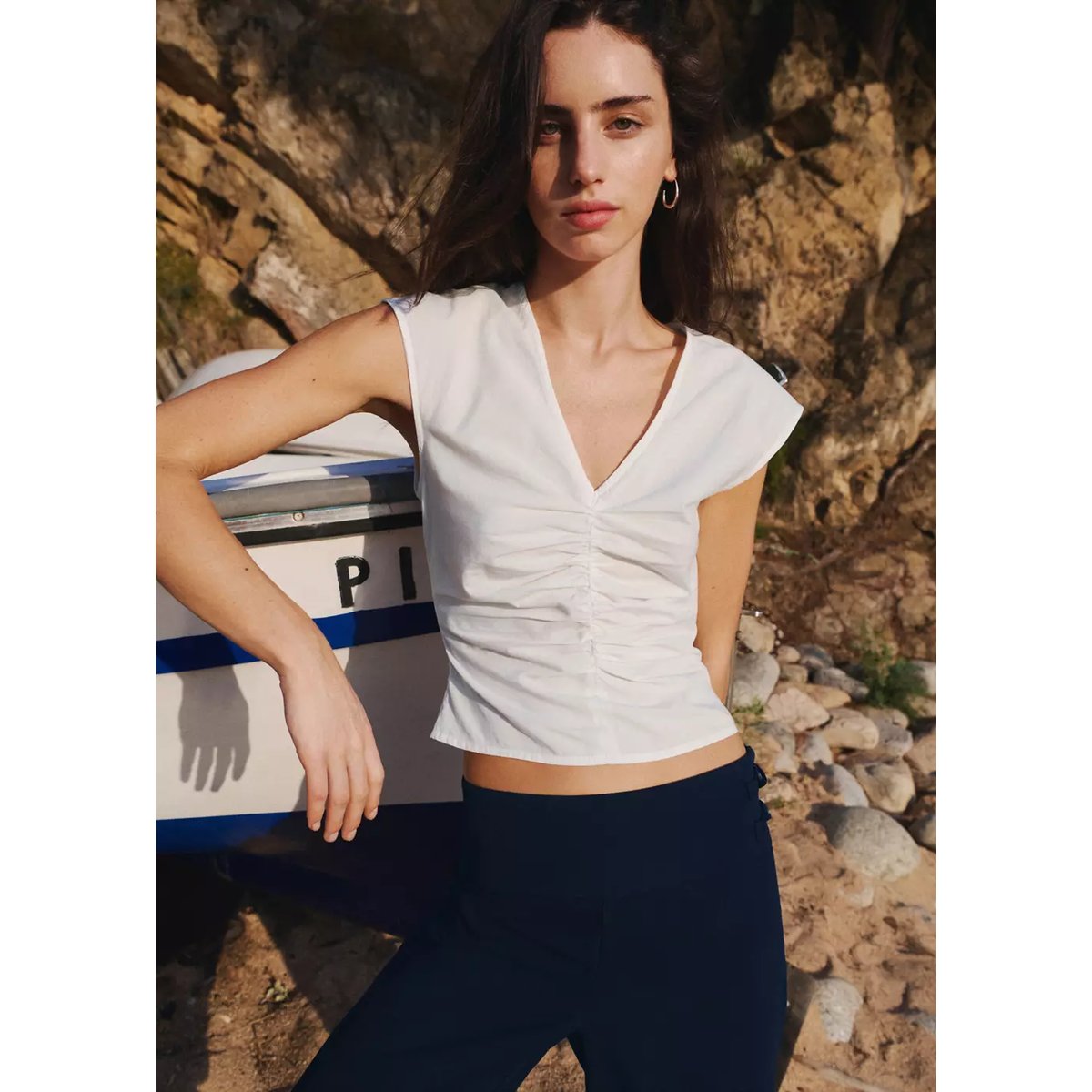 Top 100 % coton froncé blanc cassé, MANGO TEEN