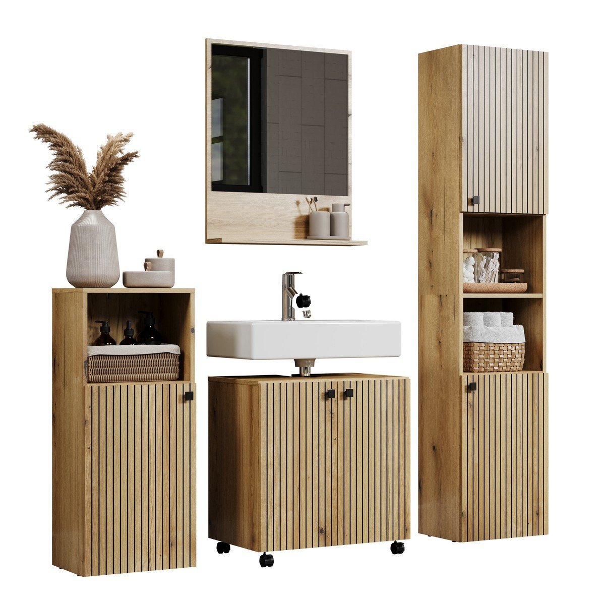 Meuble sous vasque sur roulettes 2 portes L60 cm - PUREBLISS chêne blond et noir mat, CALICOSY