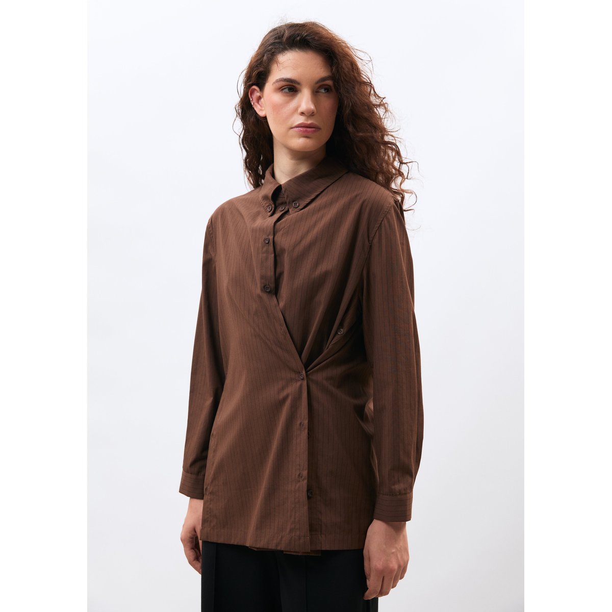 Chemise longue à rayures marron, HUMILITY