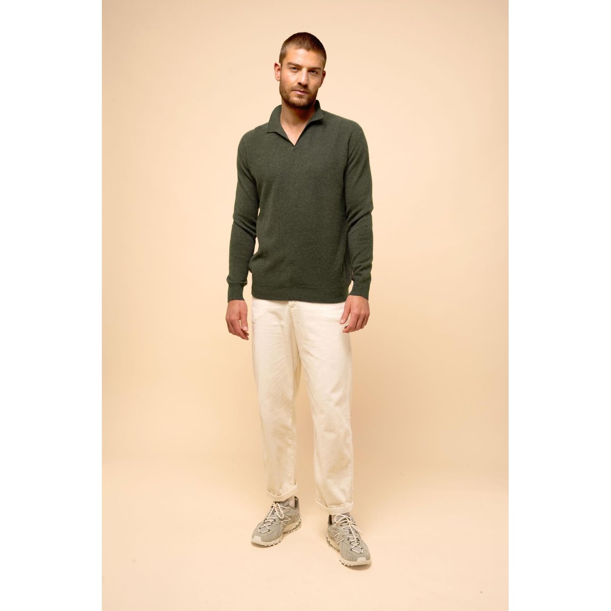 Pull Col Polo Ouvert Kaki Chiné Noah kaki chiné, JUST CASHMERE
