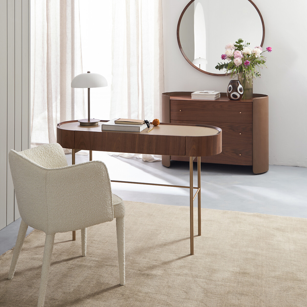 Bureau console plaqué noyer et cuir, Aslen noyer, AM.PM
