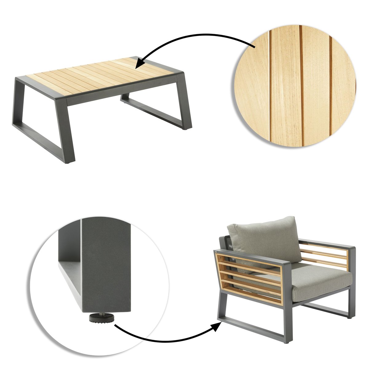 Salon de jardin en aluminium et teck, IONIS marron, NATERIAL