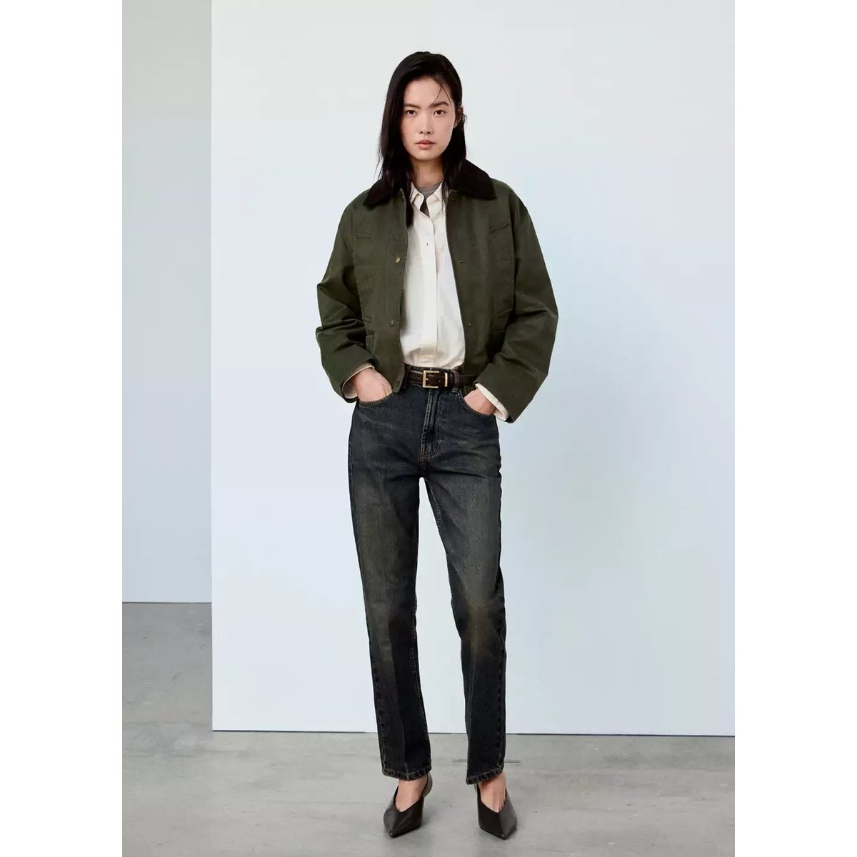 Veste avec col en velours côtelé kaki, MANGO