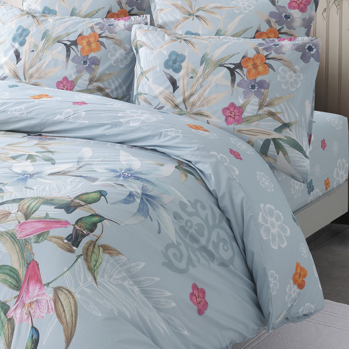Lot de 2 taies d'oreillers en percale de coton BIRDIE bleu arctic, SENSEI MAISON