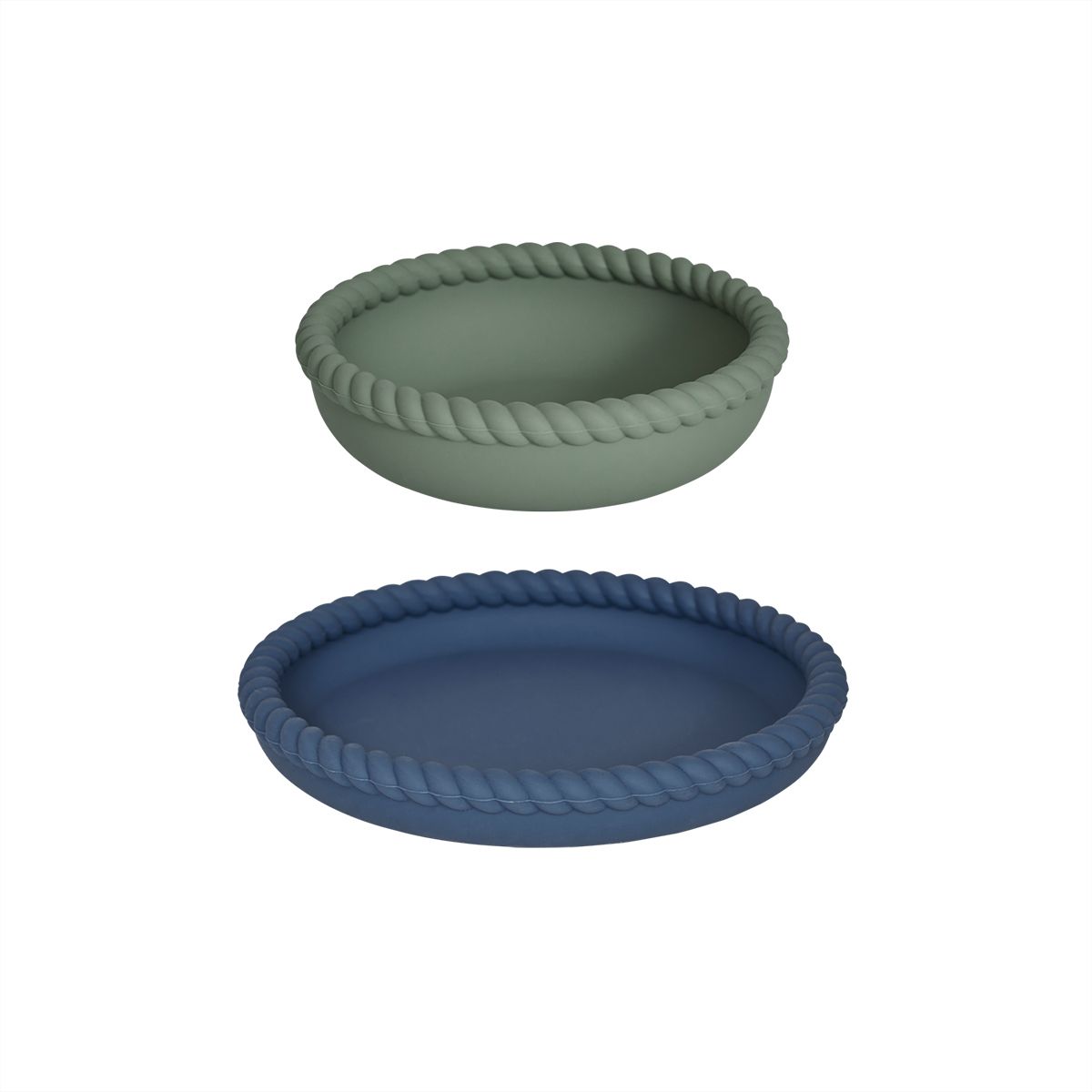 Assiette et bol en silicone torsadé MINI bleu, OYOY LIVING DESIGN