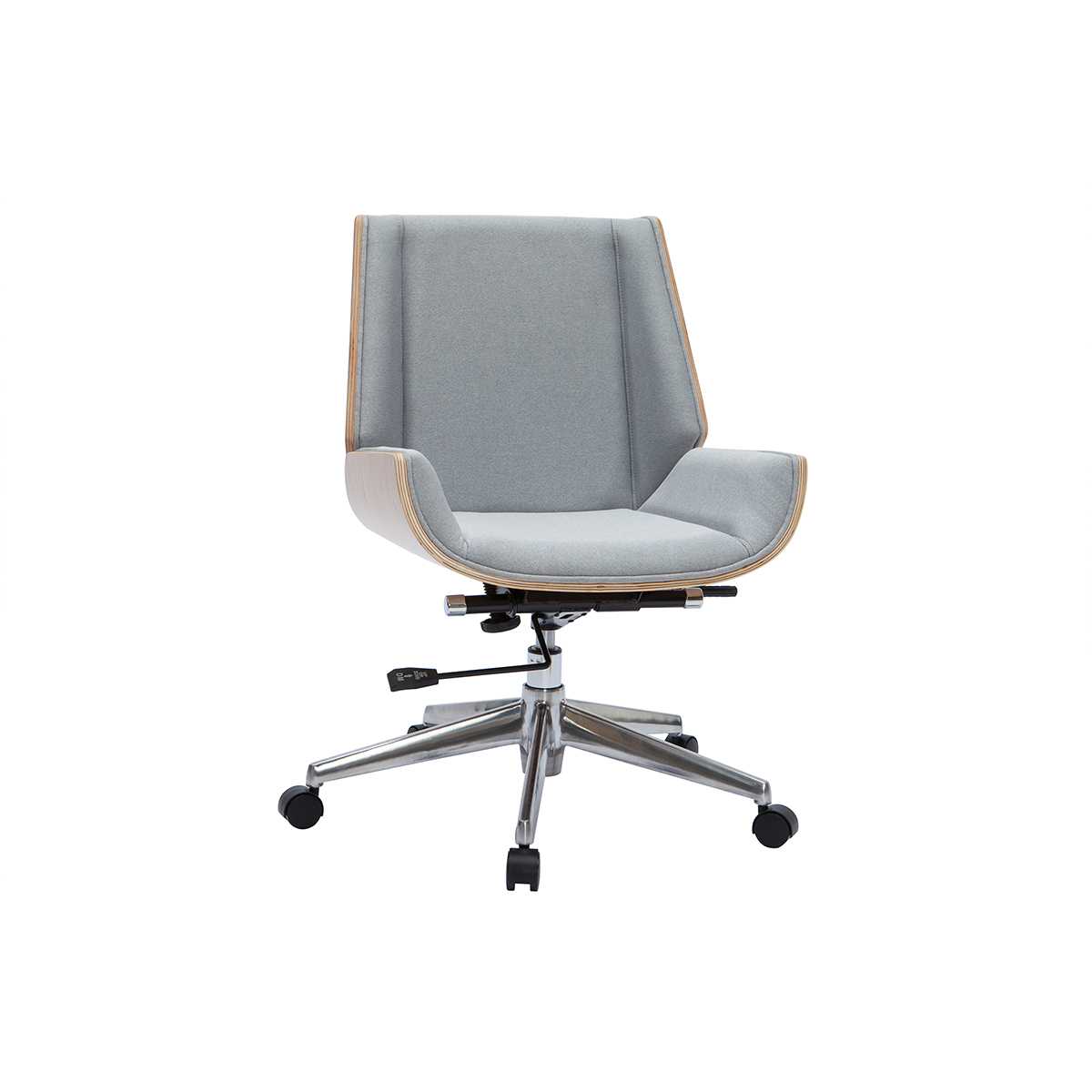 Chaise de bureau à roulettes design en tissu effet velours texturé beige, bois foncé et acier chromé CURVED gris clair, MILIBOO