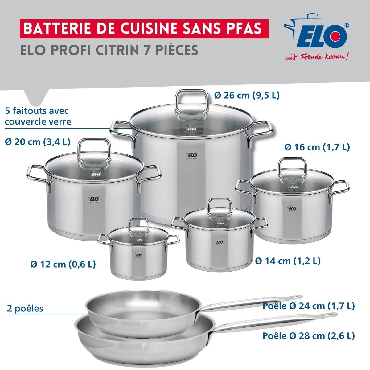 2 poêles 24/28cm + 5 faitouts 12/14/16/20/26cm PROFI CITRIN gris, ELO