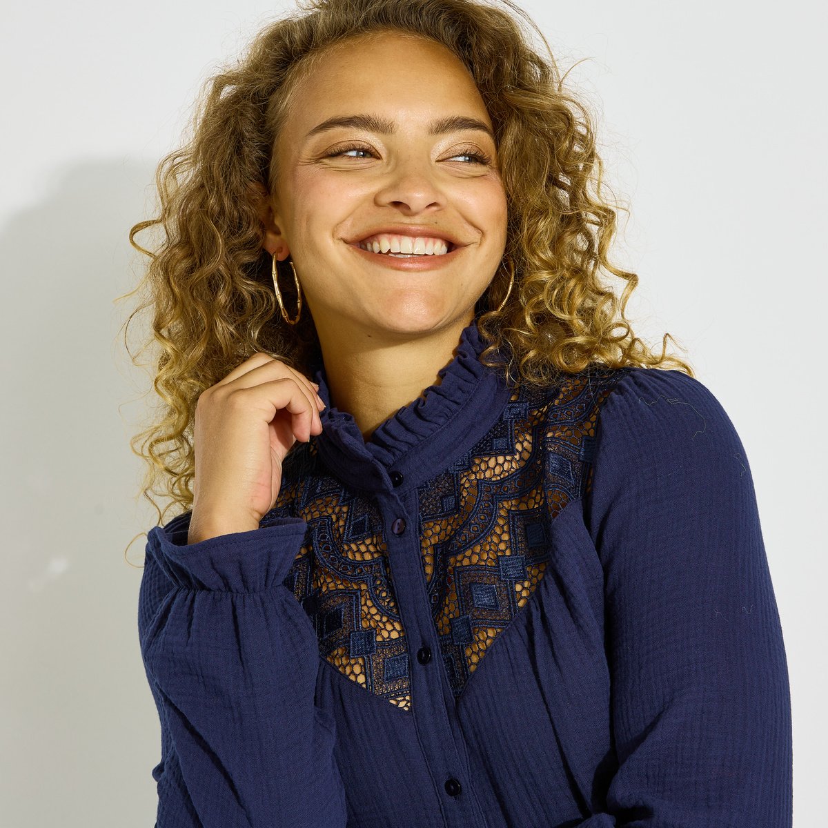 Chemise ajourée en gaze de coton bleu marine, GRAIN DE MALICE