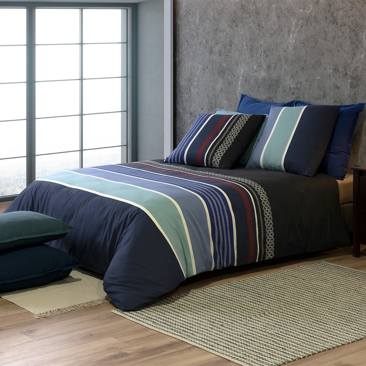 Parure housse de couette 100% coton 71fils azul bleu, ATELIER DU COTON