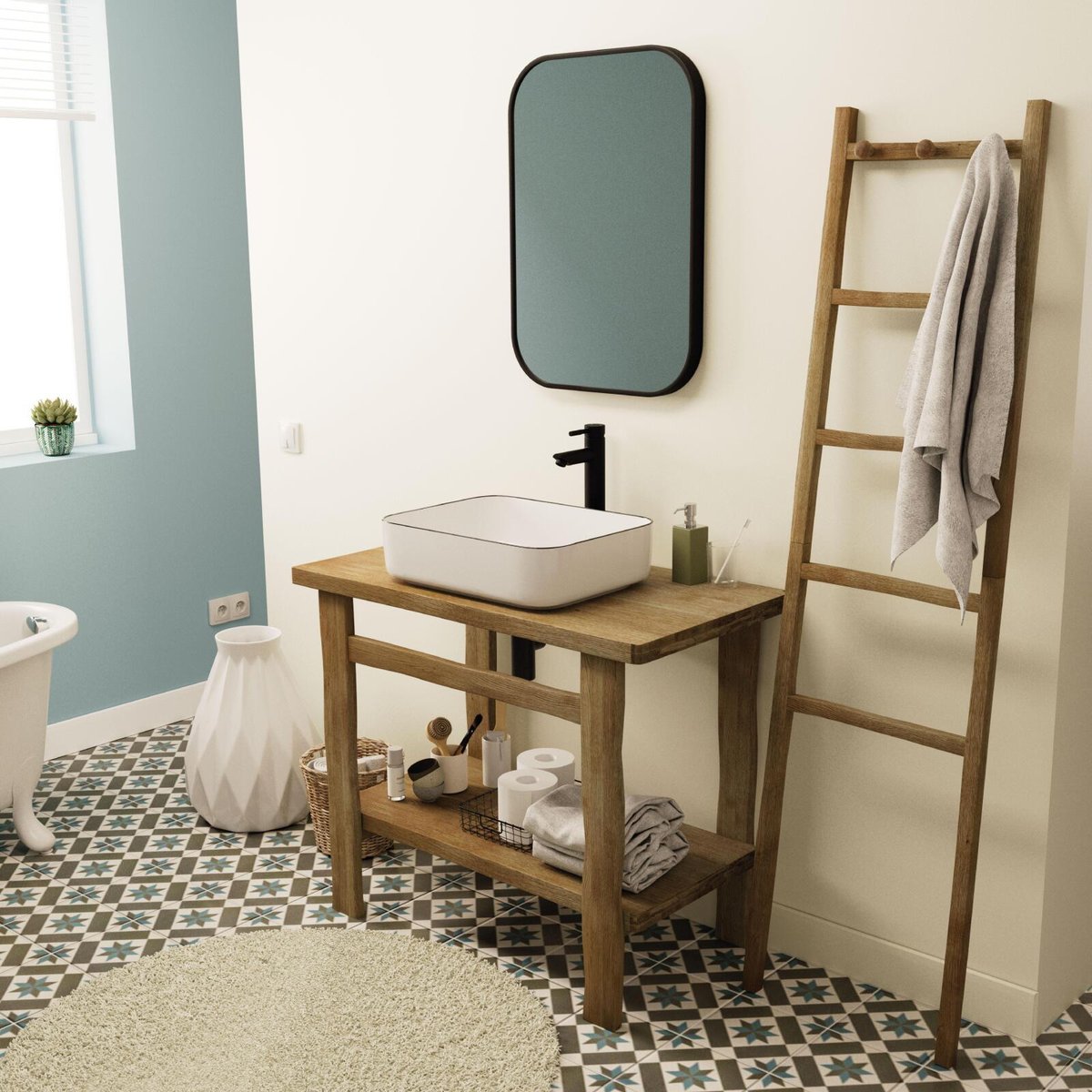 Meuble simple vasque sur pieds 95cm en chêne massif esprit établi OFICIO chêne, MOB IN