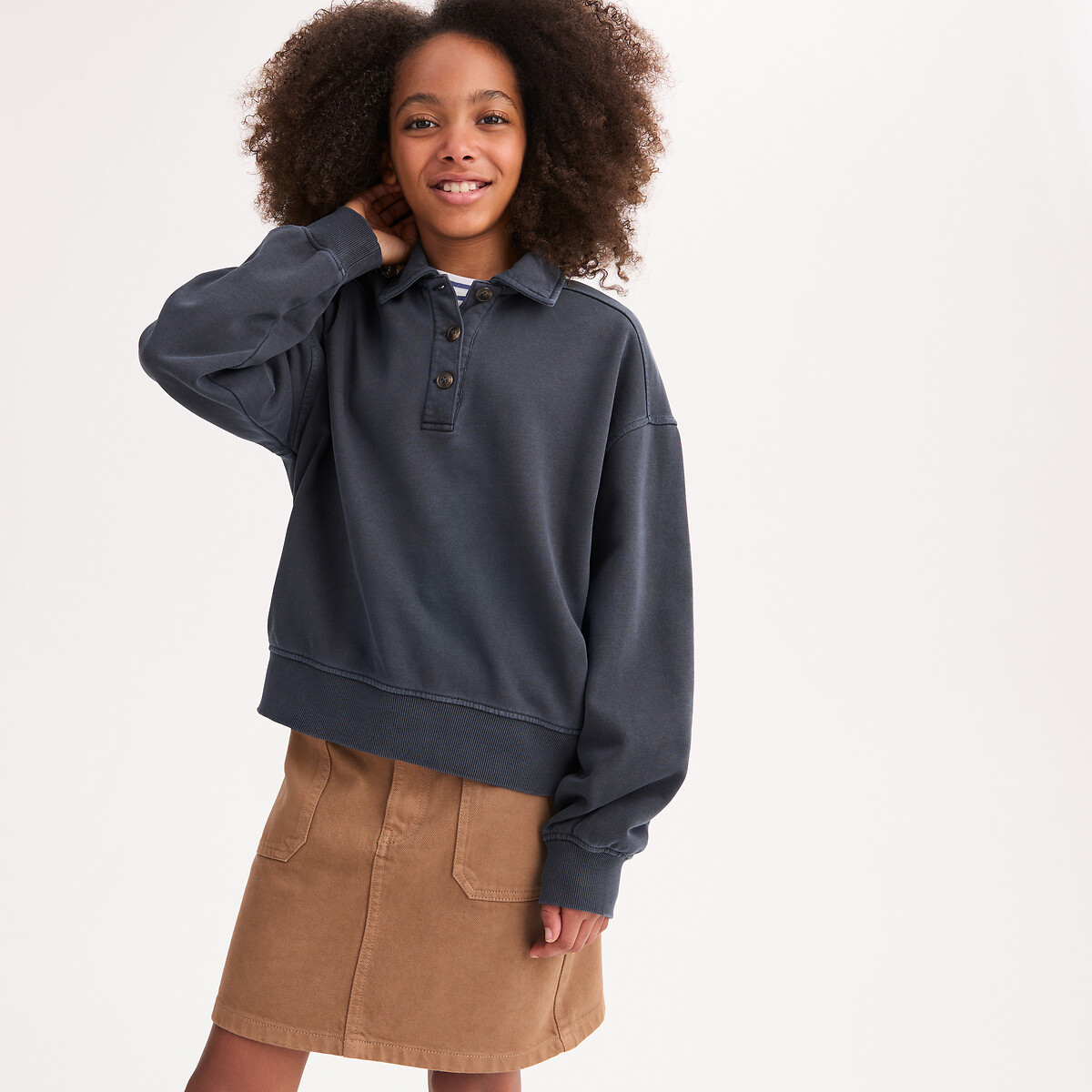 Sweat col polo en molleton léger bleu marine, LA REDOUTE COLLECTIONS