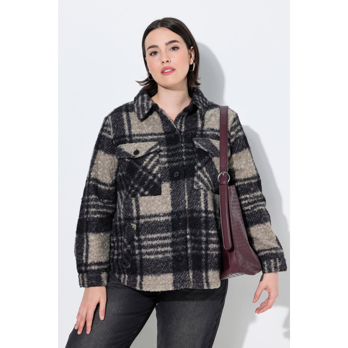 Shacket en polaire bouclée, motif à carreaux beige foncé, ULLA POPKEN