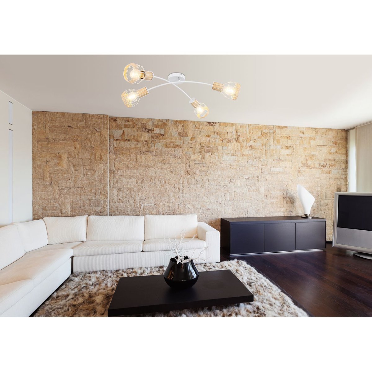 Plafonnier croisé 4 spots en métal et bois avec corde BANA blanc, GLOBO LIGHTING