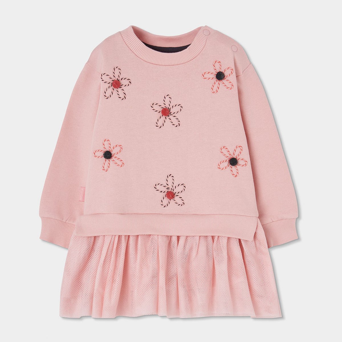Robe fille molleton et tulle brodé fleurs pink, BOBOLI