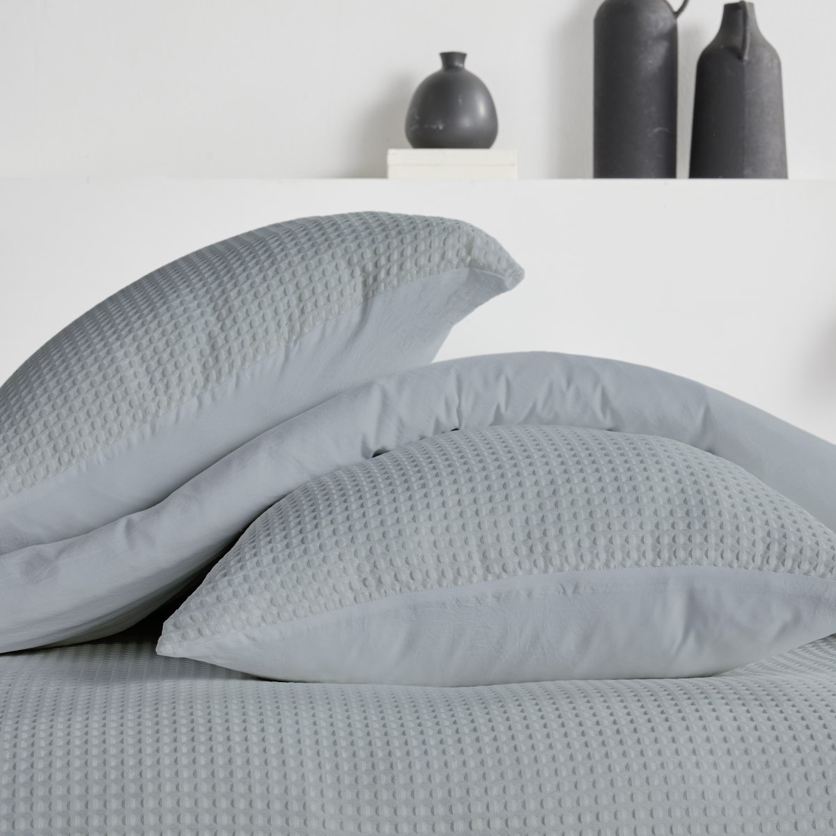 Parure de lit nid d'abeille uni ESSENTIAL gris, TODAY