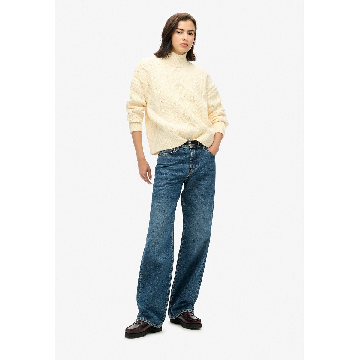 Pull torsadé col montant blanc, SUPERDRY