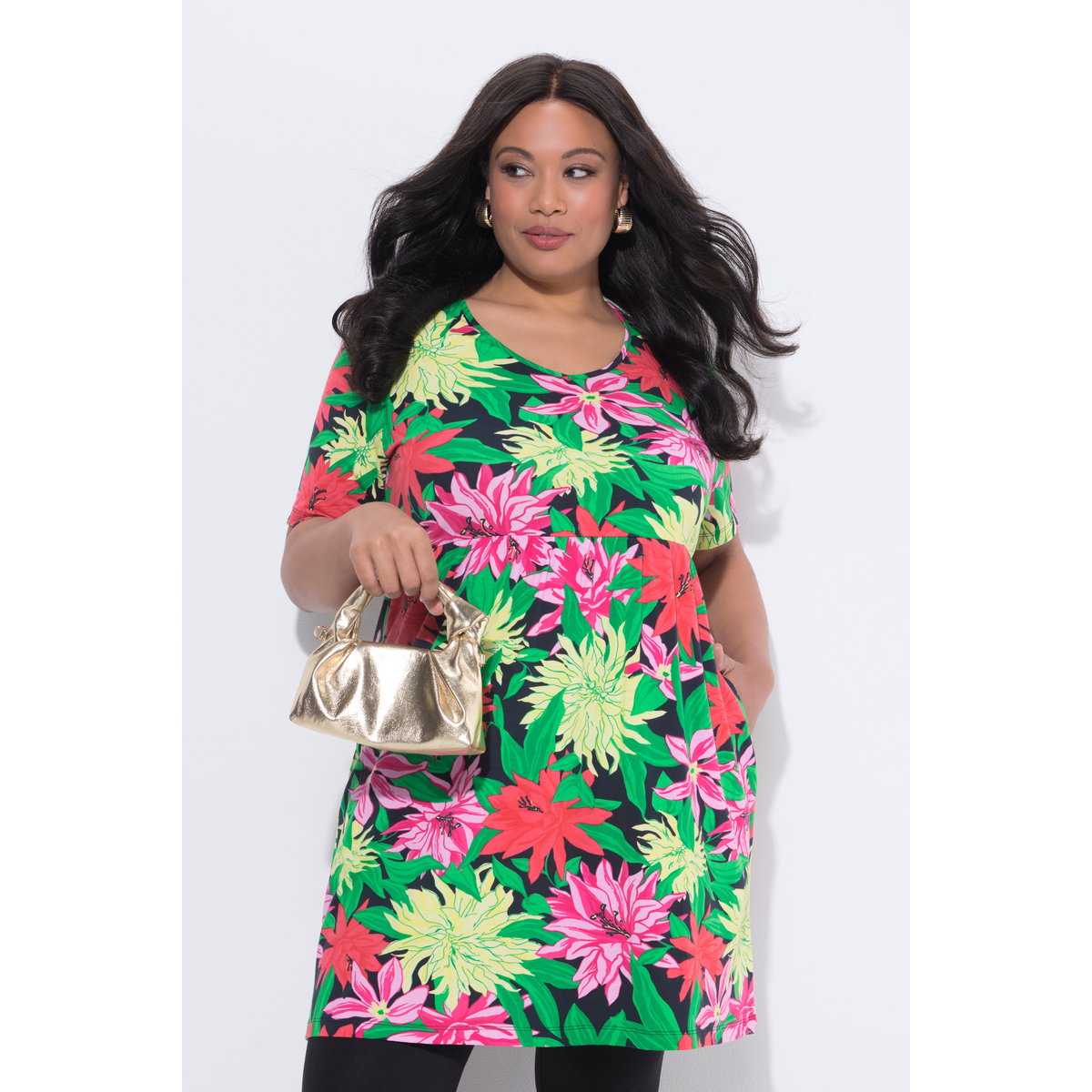 T-shirt long à fleurs rose vif, ULLA POPKEN