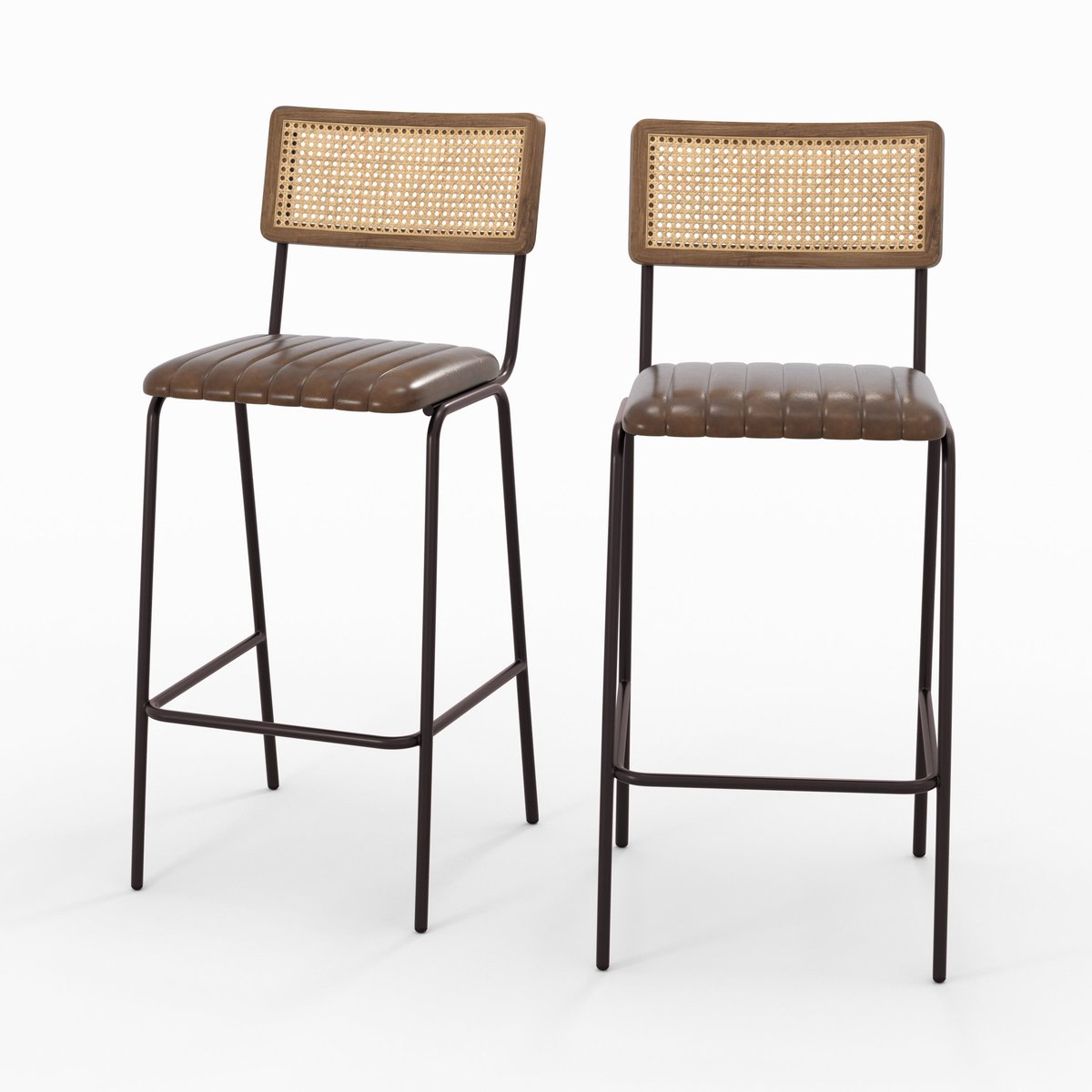 Lot de 2 chaises de bar 76 cm en cannage et cuir - ARSÈNE marron, MAISON PAVANE