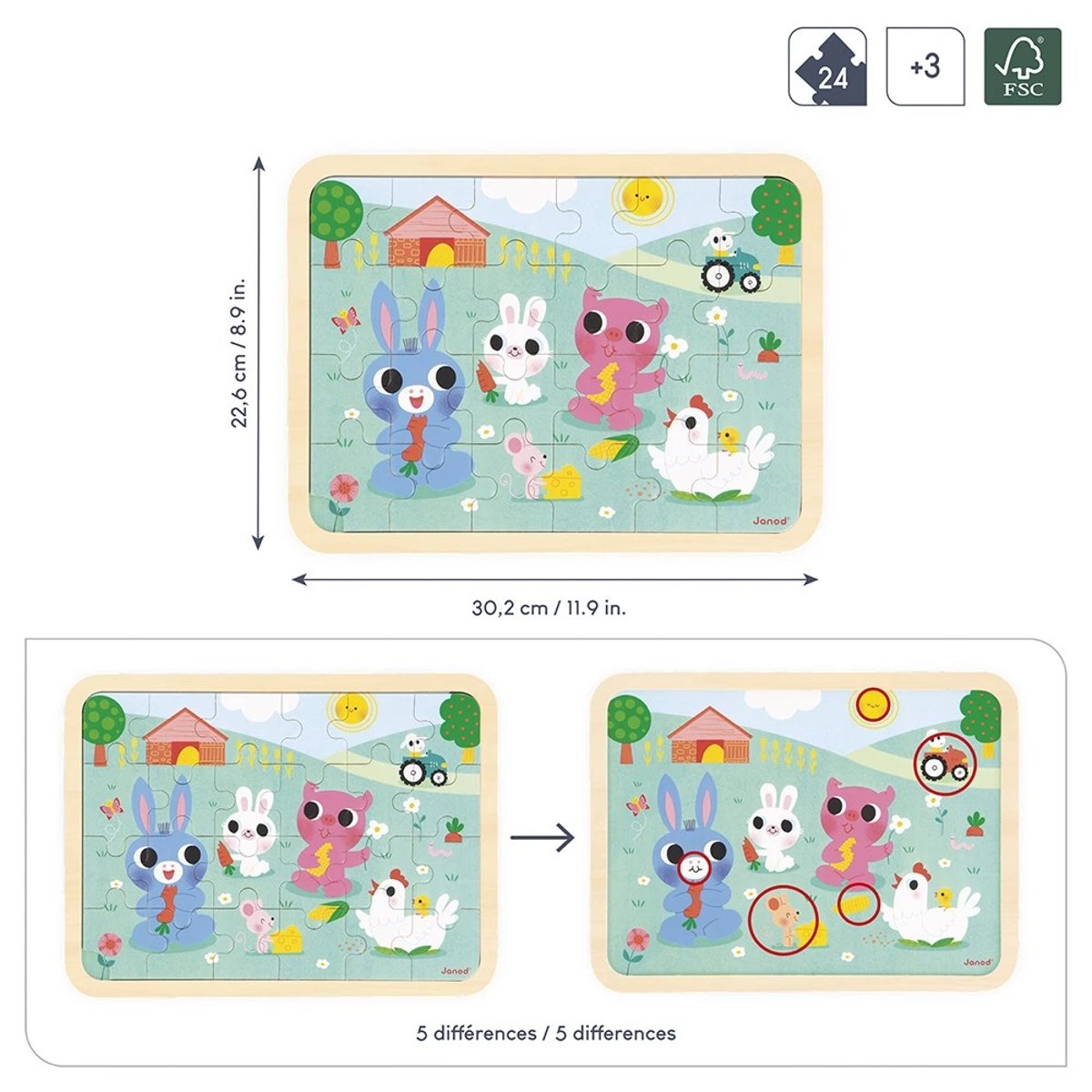 Puzzle En Bois 24 Pièces A La Ferme blanc, JANOD