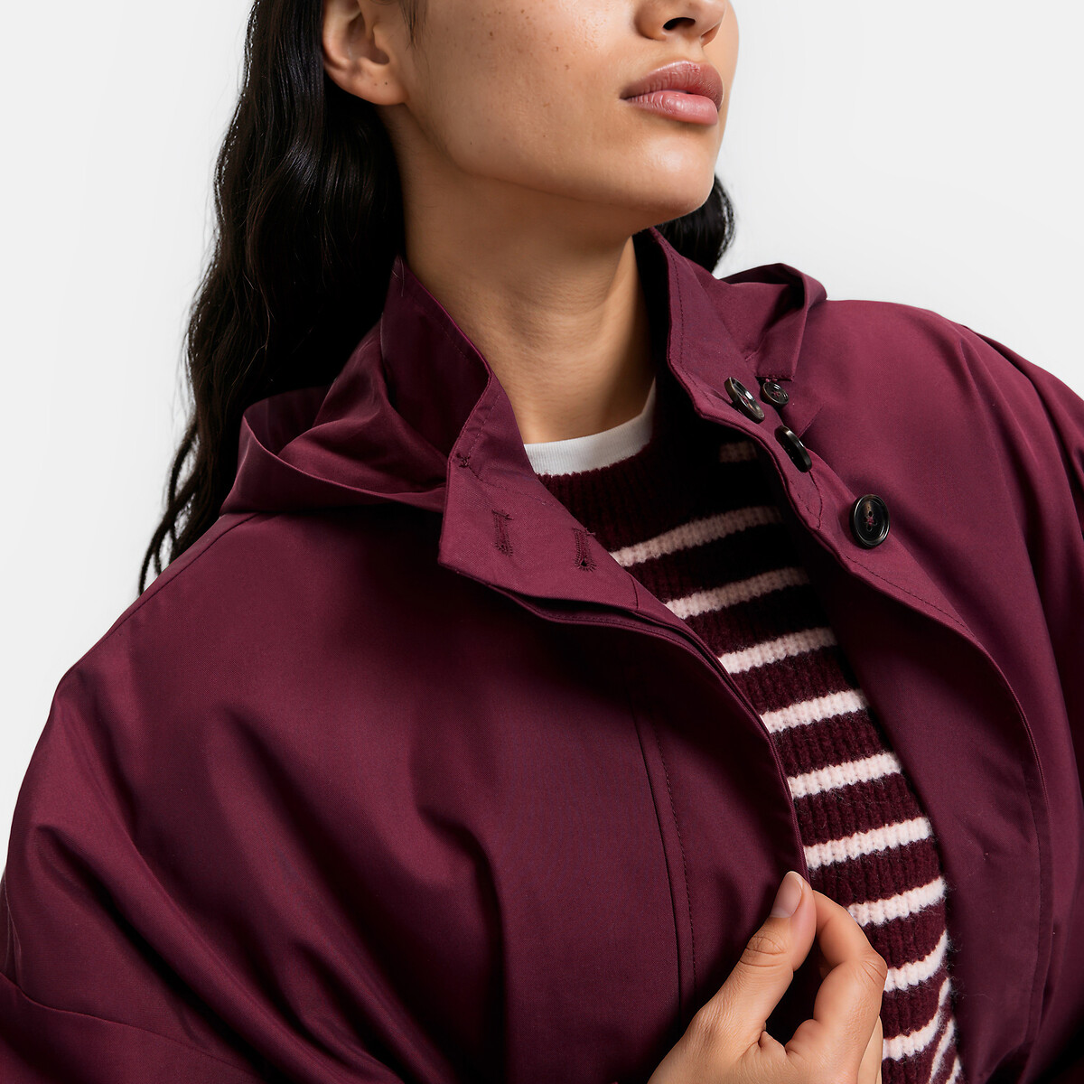 Trench largo y amplio con capucha desmontable rojo burdeos, LA REDOUTE COLLECTIONS
