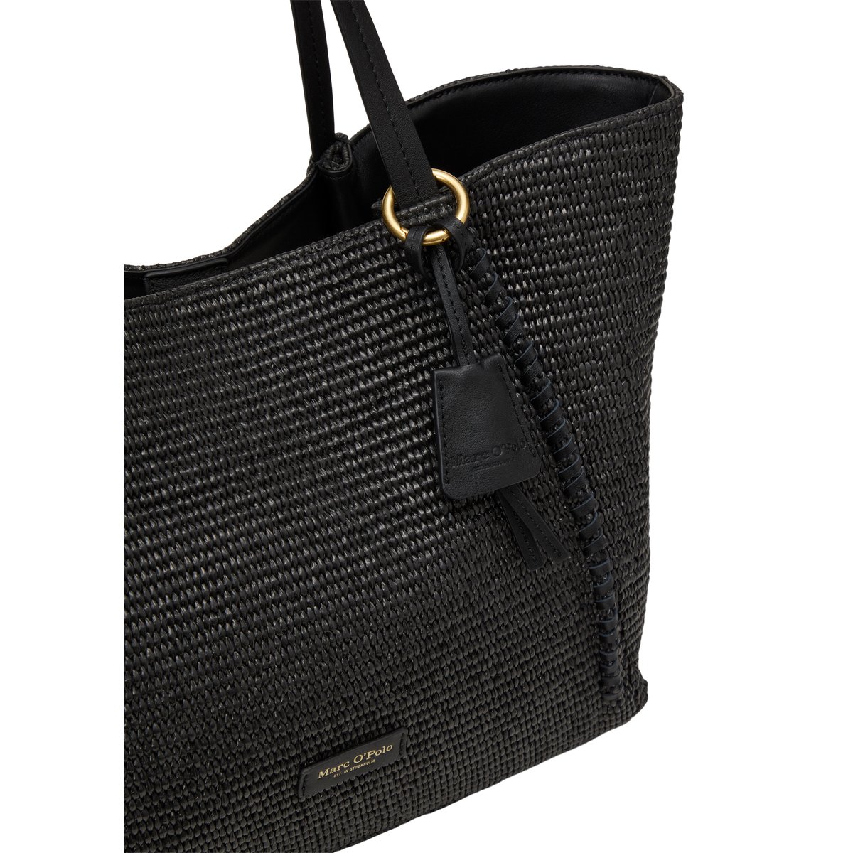 Shopper en raphia large avec détails élégants en cuir véritable noir, MARC O'POLO