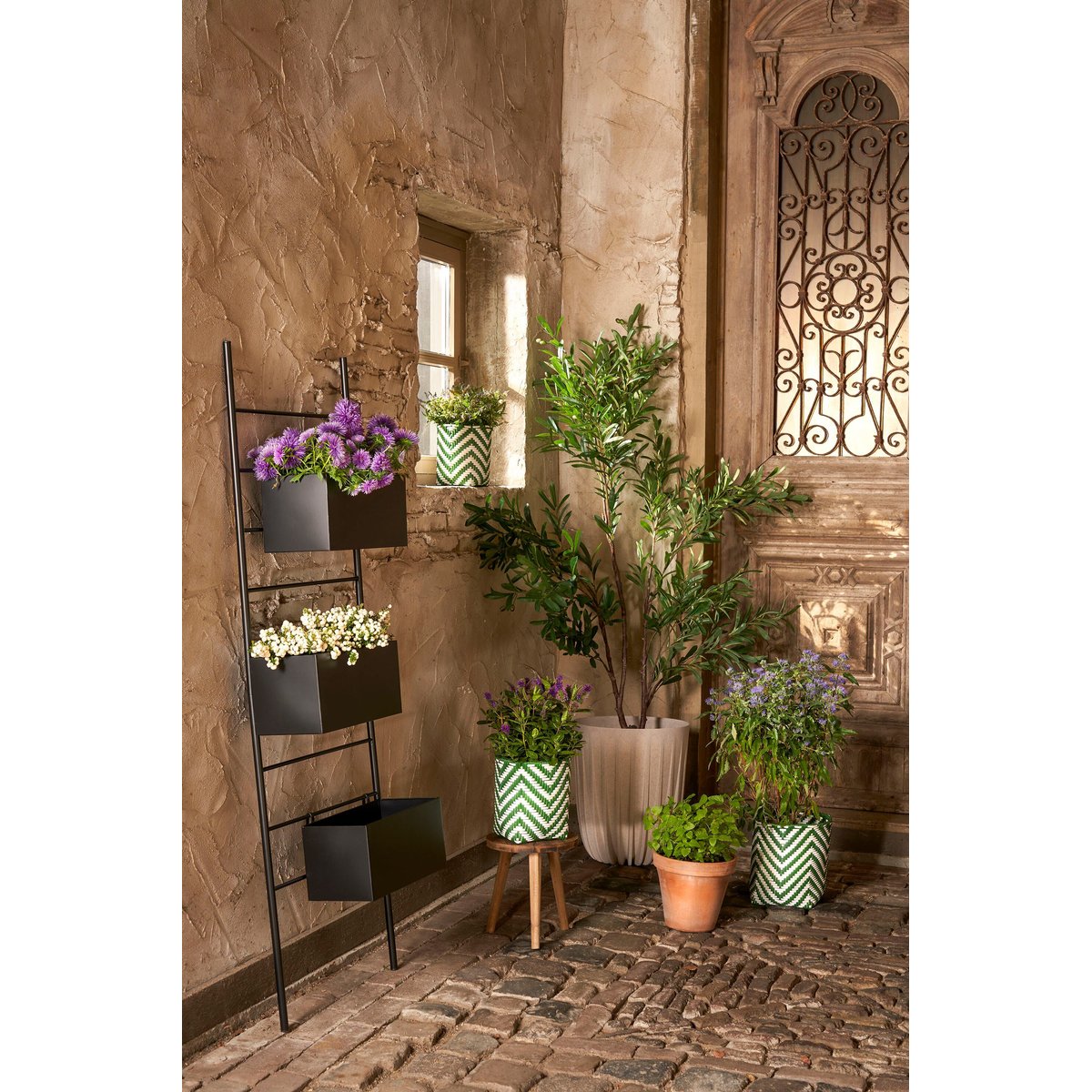Ensemble de paniers à plantes d'extérieur MERLIJN vert foncé, blanc, MICA DECORATIONS