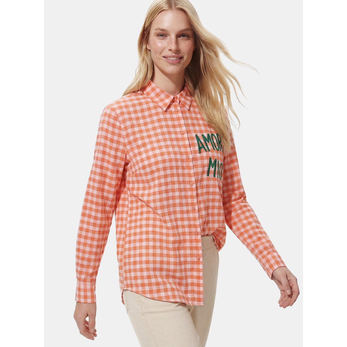 Camicia a quadri con scritta sul petto quadri rosso, PIECES