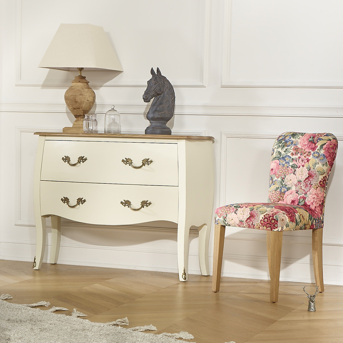 Commode style shabby chic, plateau chêne, 2 tiroirs AQUITAINE blanc, ROBIN DES BOIS