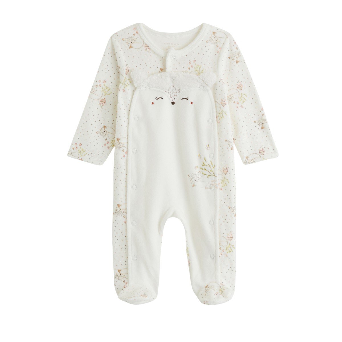 Pyjama bébé en velours ouverture pont Doucette ecru, PETIT BEGUIN