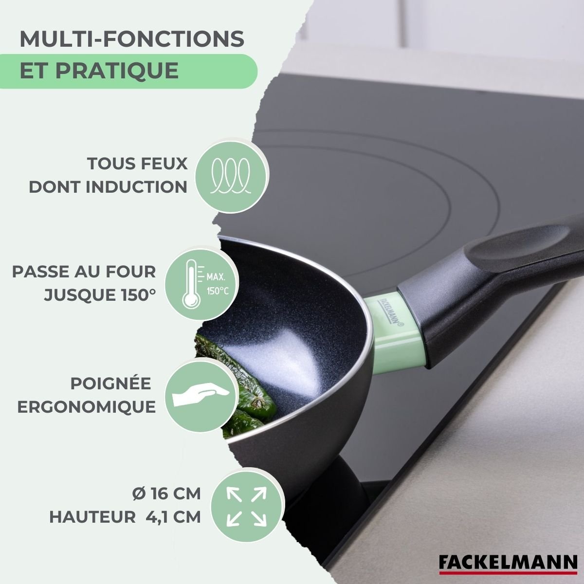 Poêle 16 cm aluminium revêtement céramique antiadhésif BRANDAO vert,noir, FACKELMANN