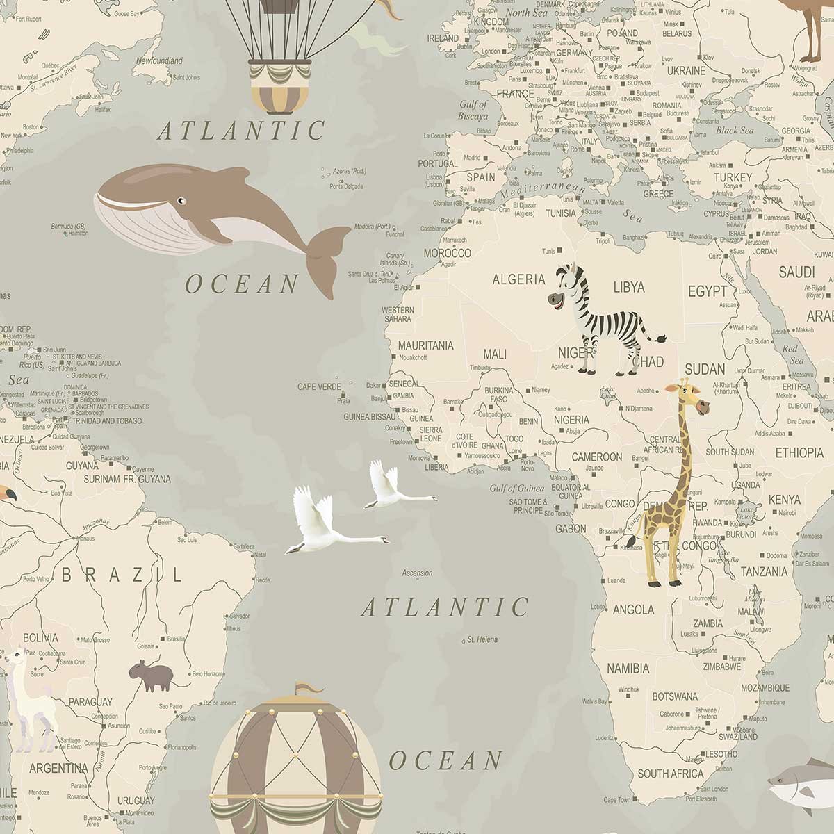 Affiche encadrée carte du monde animaux beige affiche + cadre en métal - noir, HEXOA