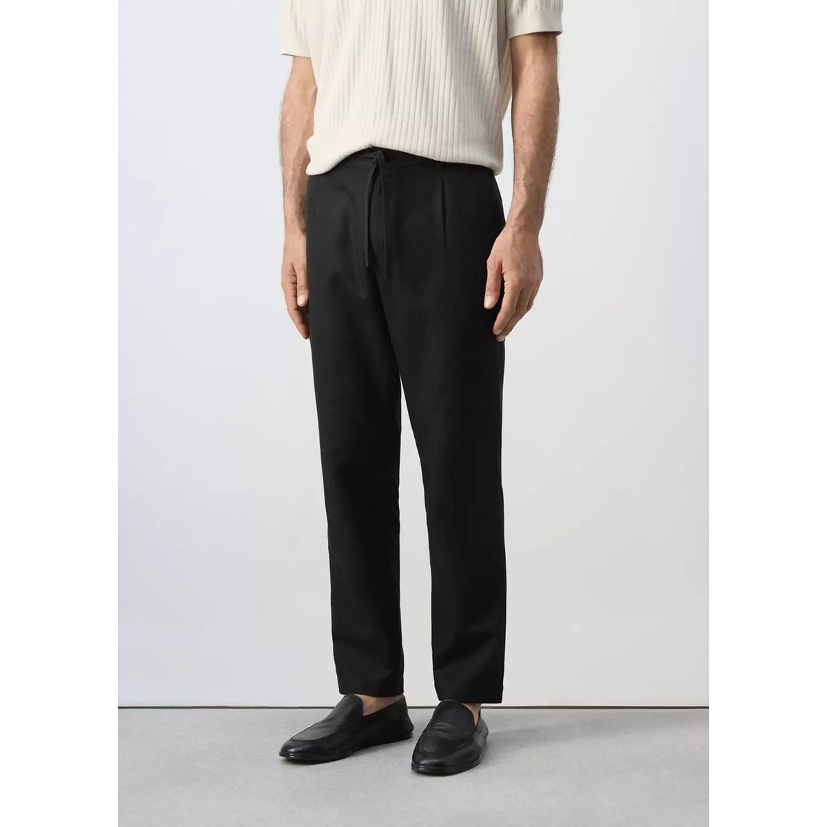Pantalon slim fit cropped en lin et coton noir, MANGO MAN