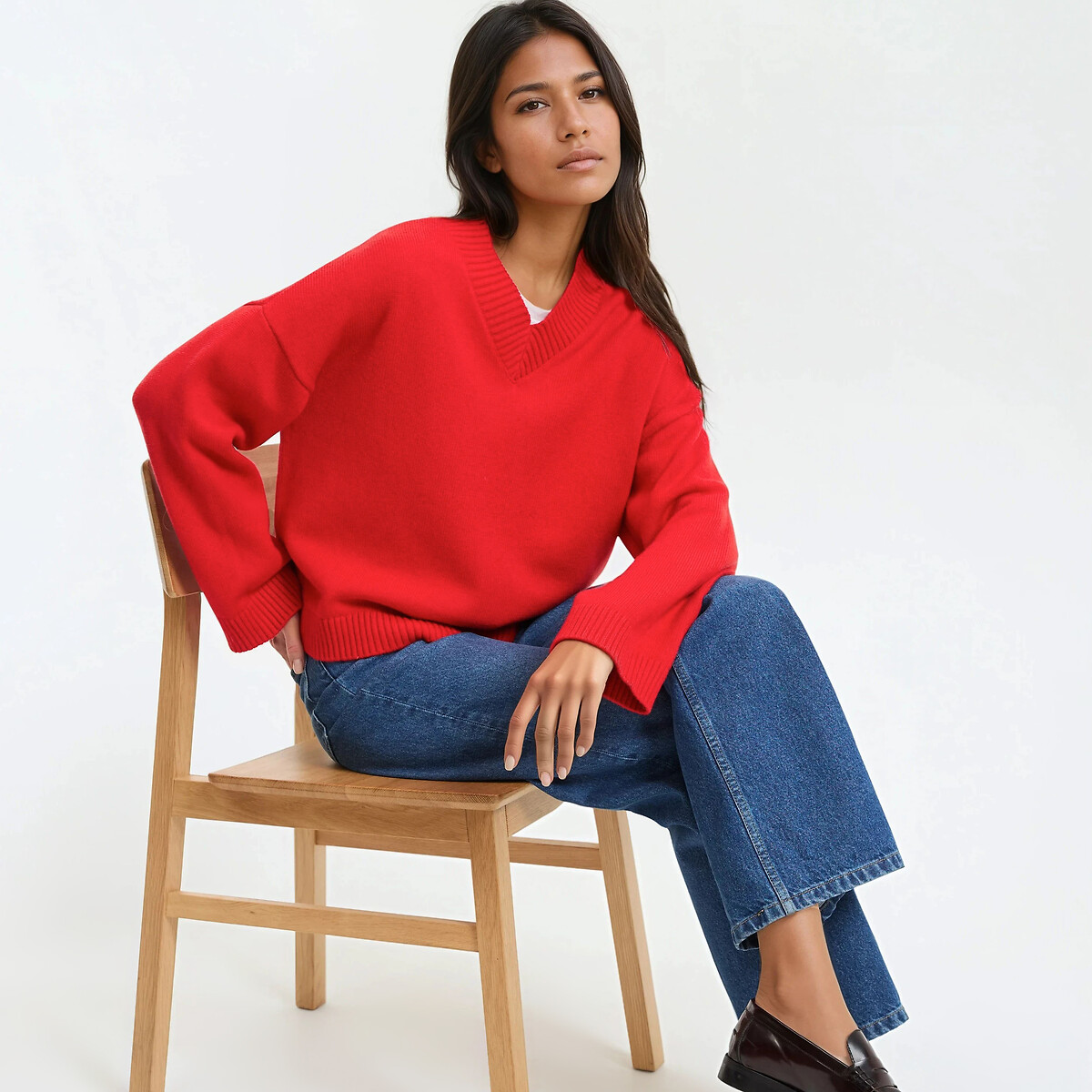 Pull col V, en laine et coton mélangés rouge, LA REDOUTE COLLECTIONS
