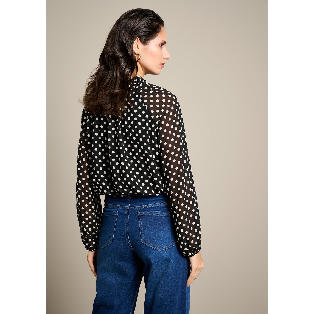 Blouse à pois col volanté noir, LOLALIZA