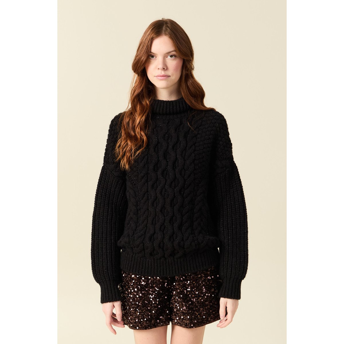Pull manches longues col roulé brillant noir, BONOBO