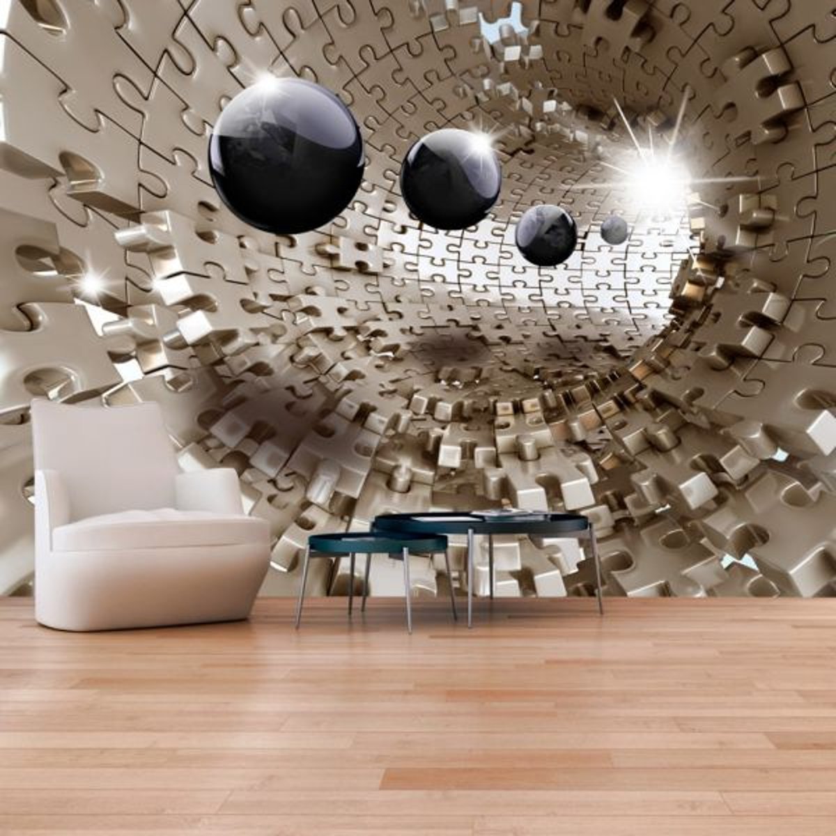 Papier peint intissé panoramique 3D et Perspective Golden Jigsaw gris / argent, EDEN