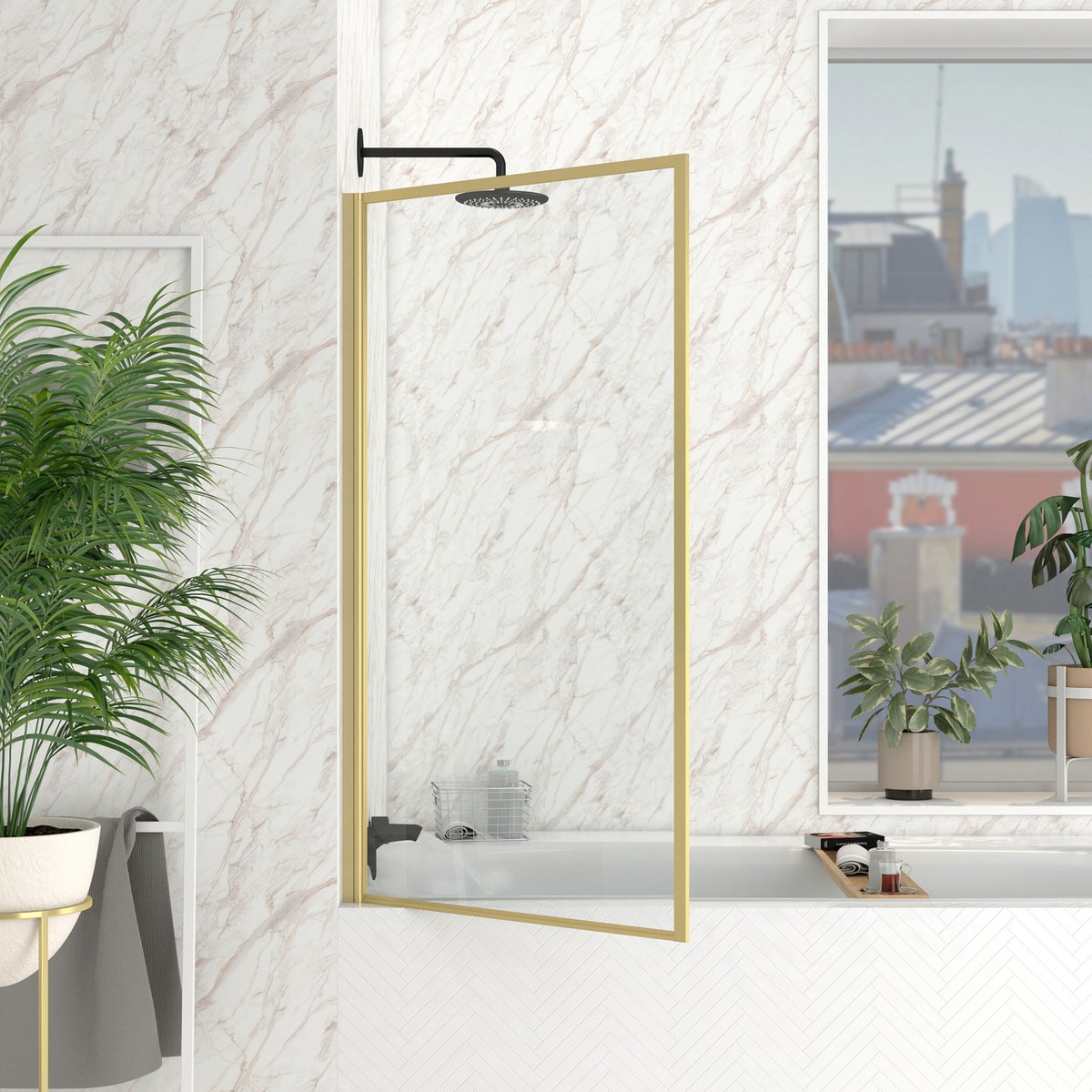 Pare-baignoire rabattable en verre trempé encadrement aluminium doré, HOME MAISON