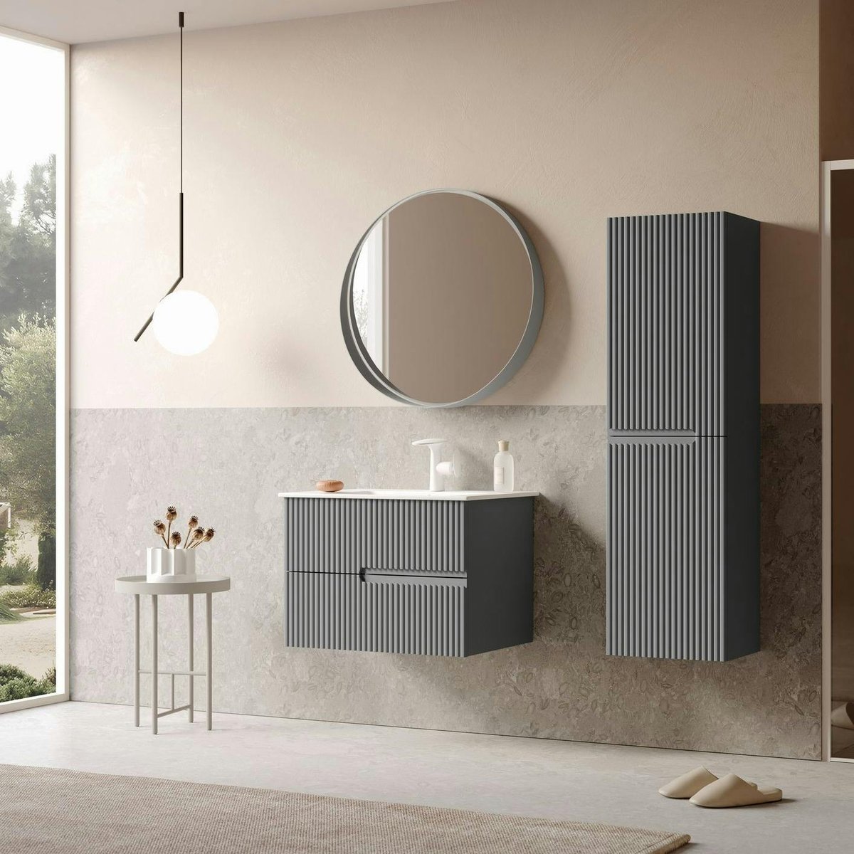 Meuble vasque 2 tiroirs rainurés 70 cm RIVIA gris, PIER IMPORT