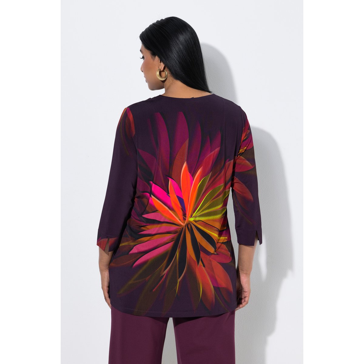 T-shirt long motif feuilles prune foncé, ULLA POPKEN