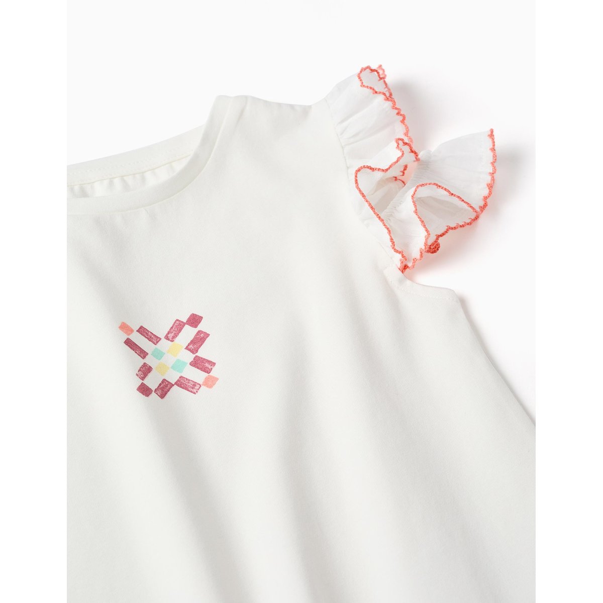 T-shirt en coton avec imprimé mosaïque et manches à volants blanc, ZIPPY