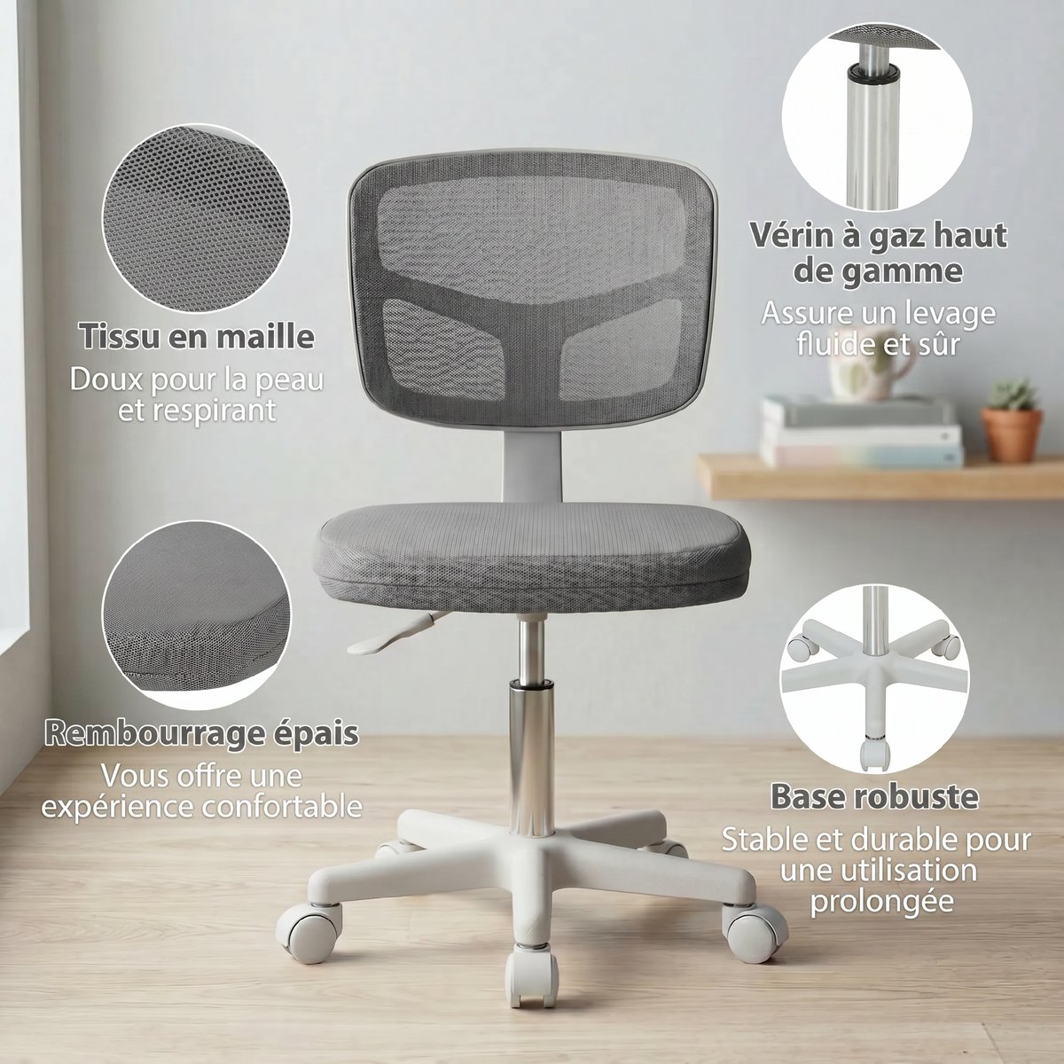 Chaise de bureau Tissu en maille Gris gris, HOMCOM